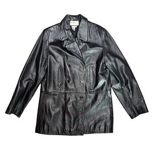 Moda Spiegel Mens Black Leather Double Breasted Jacket Vintage Size 10 Coat